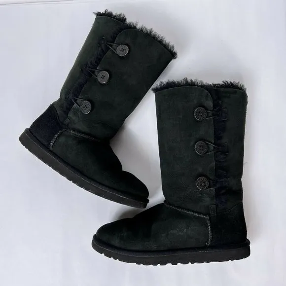 UGG Bailey Button Triplett Black Sheepskin Suede Tall Pull On Shearling Boots 6