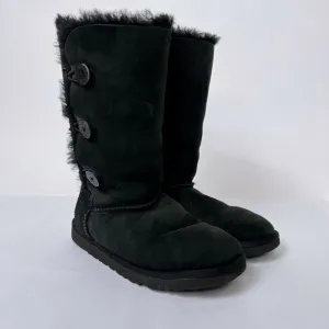 UGG Bailey Button Triplett Black Sheepskin Suede Tall Pull On Shearling Boots 6