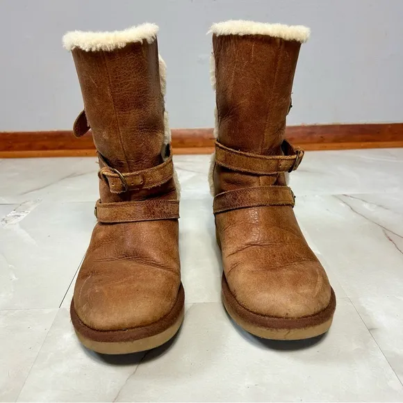 Ugg Becket Leather Shearling Mid Calf Boots Brown Size 8