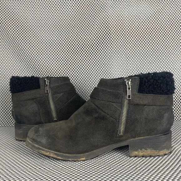 Ugg Benson Boots Womens 9.5 Black Leather Shearling Sheepskin Zipper Winter