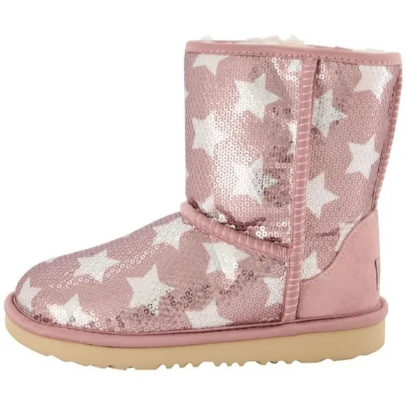 UGG® Big Girls Short Classic Rose Star Design Shearling Lined Winter Boots NEW