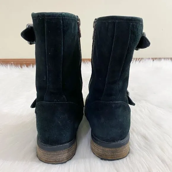 Ugg Black Suede Moto Boots Women's Size 6.5 Side Zip Shearling Lined Round Toe
