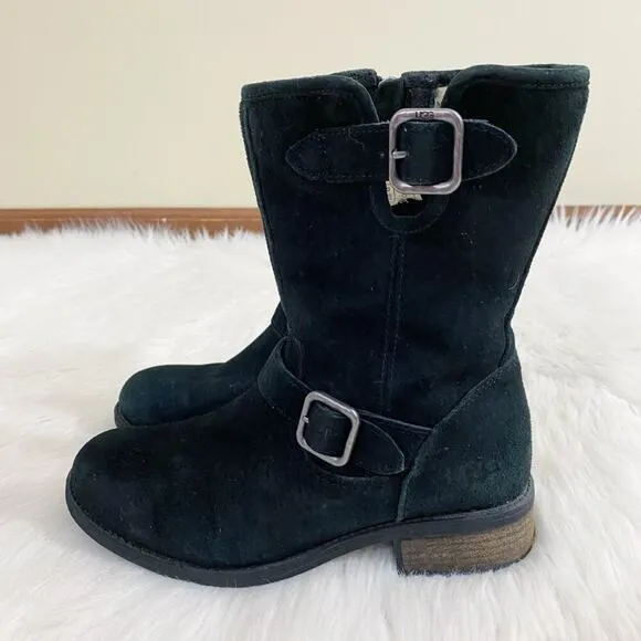 Ugg Black Suede Moto Boots Women's Size 6.5 Side Zip Shearling Lined Round Toe