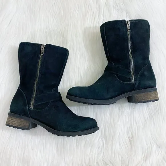 Ugg Black Suede Moto Boots Women's Size 6.5 Side Zip Shearling Lined Round Toe