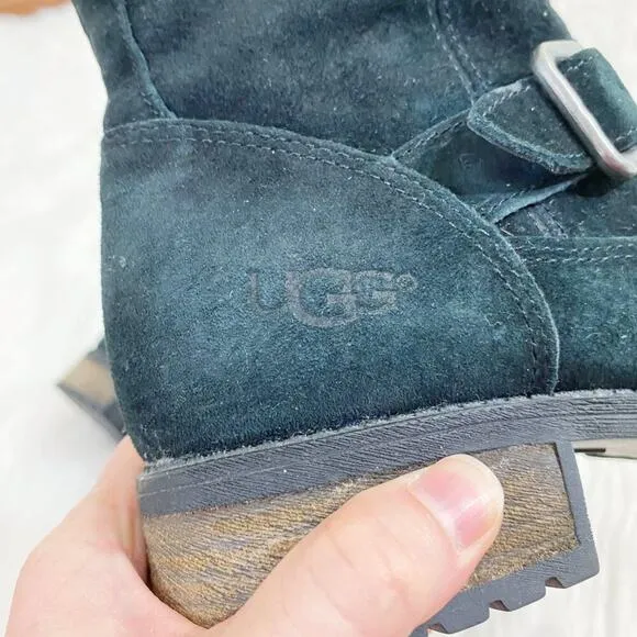 Ugg Black Suede Moto Boots Women's Size 6.5 Side Zip Shearling Lined Round Toe