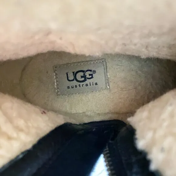 Ugg Black Suede Moto Boots Women's Size 6.5 Side Zip Shearling Lined Round Toe