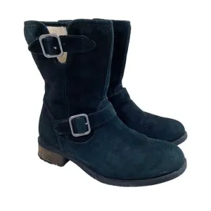 Ugg Black Suede Moto Boots Women's Size 6.5 Side Zip Shearling Lined Round Toe