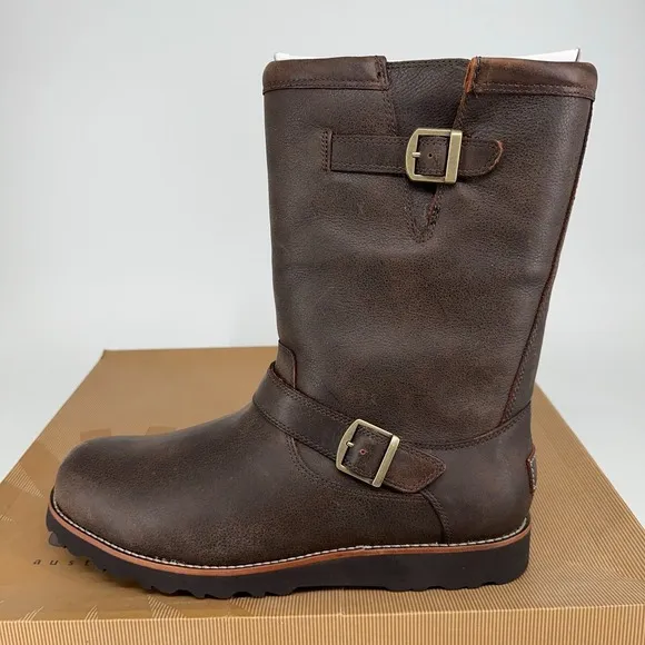 UGG Boots Mens 14 Carnero Brown Leather Buckle Riding Moto Shearling Lined NEW