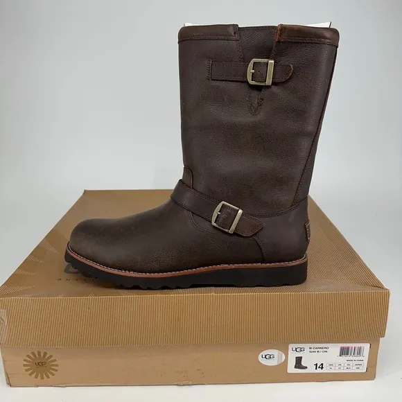 UGG Boots Mens 14 Carnero Brown Leather Buckle Riding Moto Shearling Lined NEW