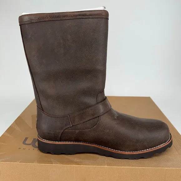 UGG Boots Mens 14 Carnero Brown Leather Buckle Riding Moto Shearling Lined NEW