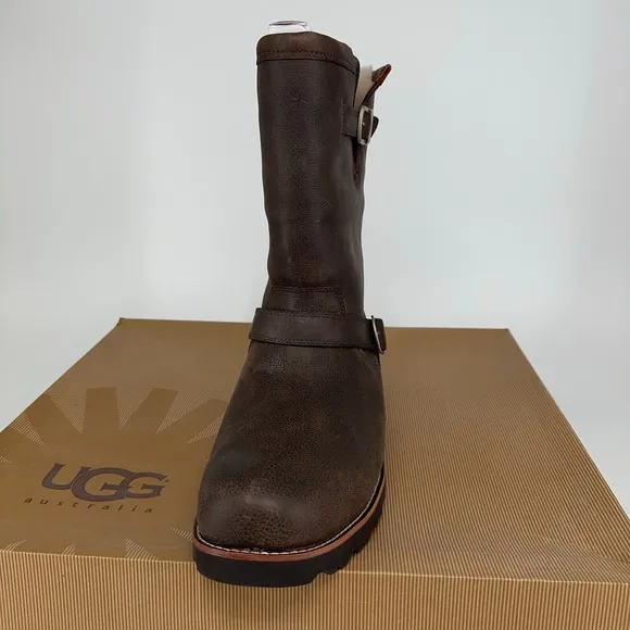 UGG Boots Mens 14 Carnero Brown Leather Buckle Riding Moto Shearling Lined NEW