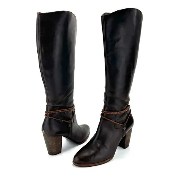 UGG BROWN LEATHER STOCKED BLOCK HIGH HEEL ALMOND TOE TALL/KNEE HIGH BOOTS