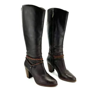UGG BROWN LEATHER STOCKED BLOCK HIGH HEEL ALMOND TOE TALL/KNEE HIGH BOOTS