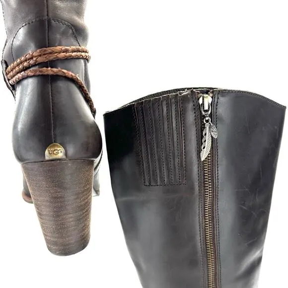 UGG BROWN LEATHER STOCKED BLOCK HIGH HEEL ALMOND TOE TALL/KNEE HIGH BOOTS