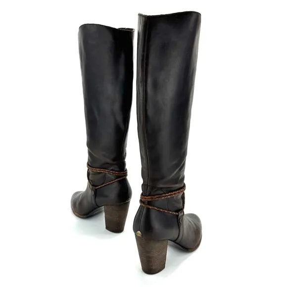 UGG BROWN LEATHER STOCKED BLOCK HIGH HEEL ALMOND TOE TALL/KNEE HIGH BOOTS