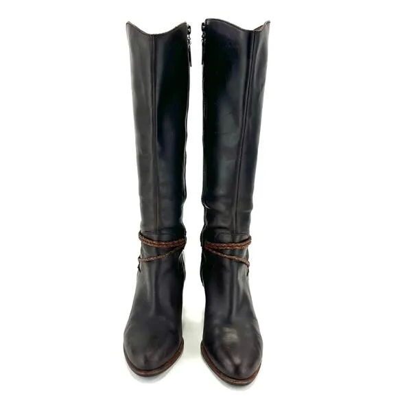 UGG BROWN LEATHER STOCKED BLOCK HIGH HEEL ALMOND TOE TALL/KNEE HIGH BOOTS