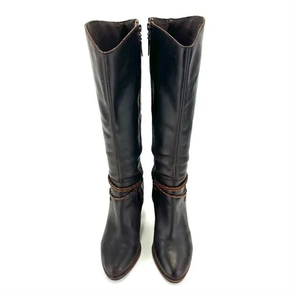 UGG BROWN LEATHER STOCKED BLOCK HIGH HEEL ALMOND TOE TALL/KNEE HIGH BOOTS