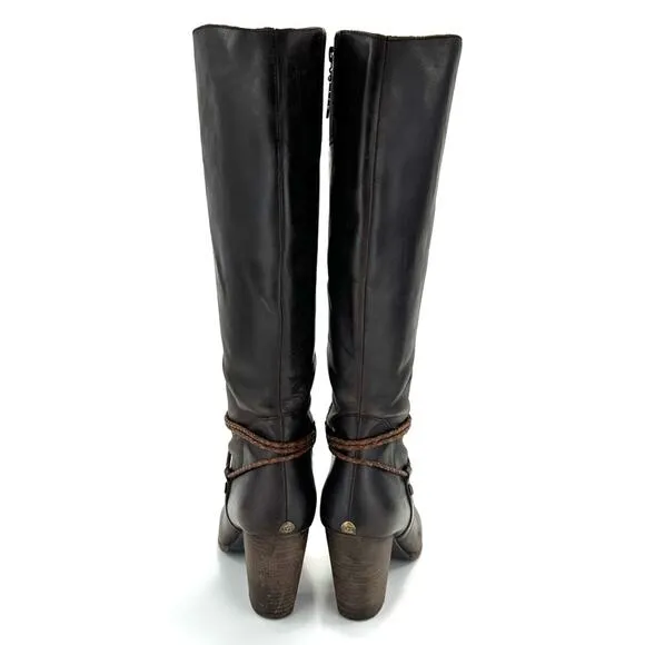 UGG BROWN LEATHER STOCKED BLOCK HIGH HEEL ALMOND TOE TALL/KNEE HIGH BOOTS