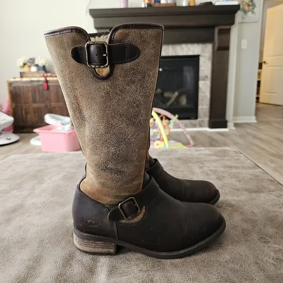 UGG Chancery Bomber Stout Brown Leather Zipper Sheepskin Boots