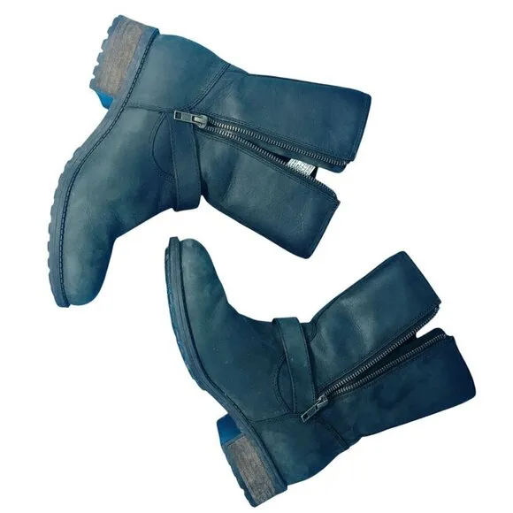 UGG Chaney Moto Zip Up Shearling Lined Buckle Leather Biker Boots Women's Size 8