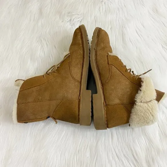 Ugg Chestnut Tan Shearling Combat Boots Lace Up Fully Lined Women's Size 8 EUC