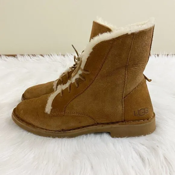 Ugg Chestnut Tan Shearling Combat Boots Lace Up Fully Lined Women's Size 8 EUC