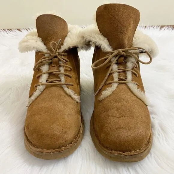 Ugg Chestnut Tan Shearling Combat Boots Lace Up Fully Lined Women's Size 8 EUC