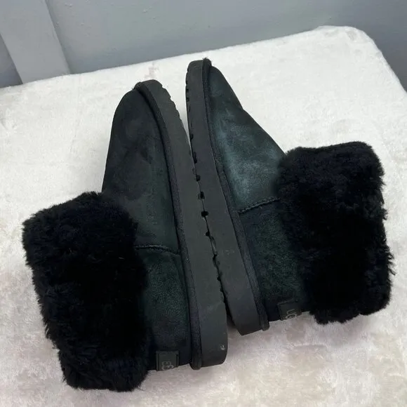 UGG Classic Mini Fluff Boots Bootie Short Black 10 Women 1106757 Shearling Suede