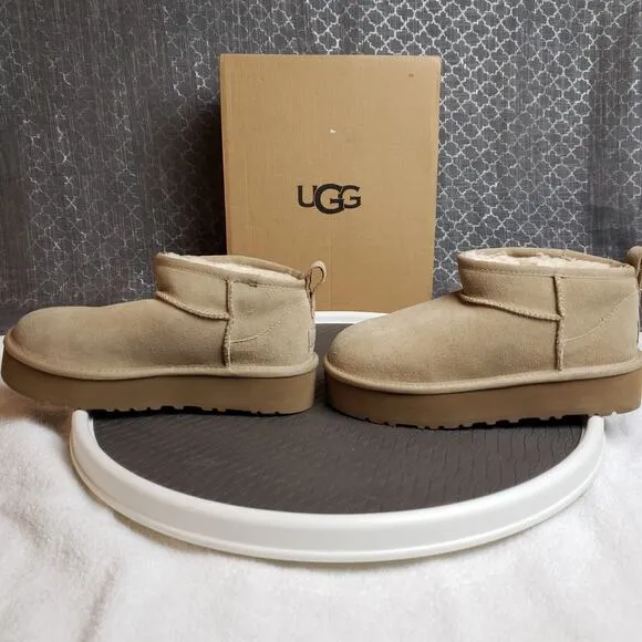 UGG Classic Mini Platform Boots Women 5 Beige Shearling Lined Cozycore