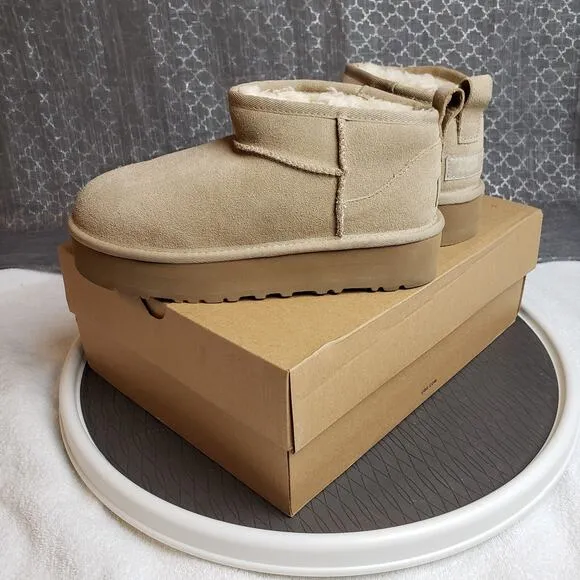 UGG Classic Mini Platform Boots Women 5 Beige Shearling Lined Cozycore
