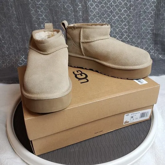 UGG Classic Mini Platform Boots Women 5 Beige Shearling Lined Cozycore