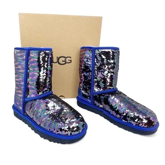 Ugg Classic Short Boots Sequin Womens Size 6 Blue Silver Mermaid Sparkle New NWT
