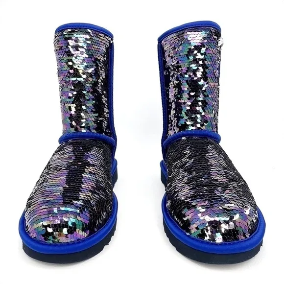 Ugg Classic Short Boots Sequin Womens Size 6 Blue Silver Mermaid Sparkle New NWT