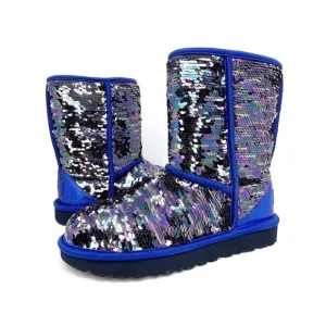 Ugg Classic Short Boots Sequin Womens Size 6 Blue Silver Mermaid Sparkle New NWT