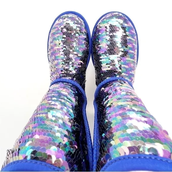 Ugg Classic Short Boots Sequin Womens Size 6 Blue Silver Mermaid Sparkle New NWT