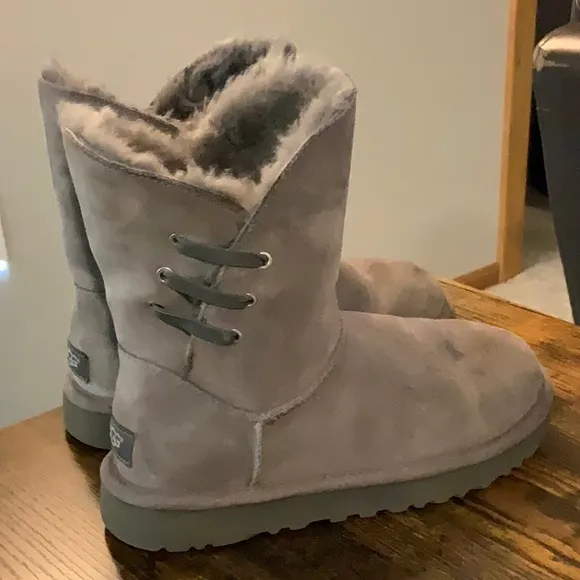 UGG CONSTANTINE CHARCOAL LEATHER SHEARLING LACE TRIM BOOTS SIZE US 7