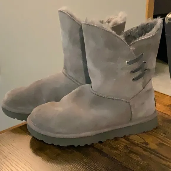 UGG CONSTANTINE CHARCOAL LEATHER SHEARLING LACE TRIM BOOTS SIZE US 7