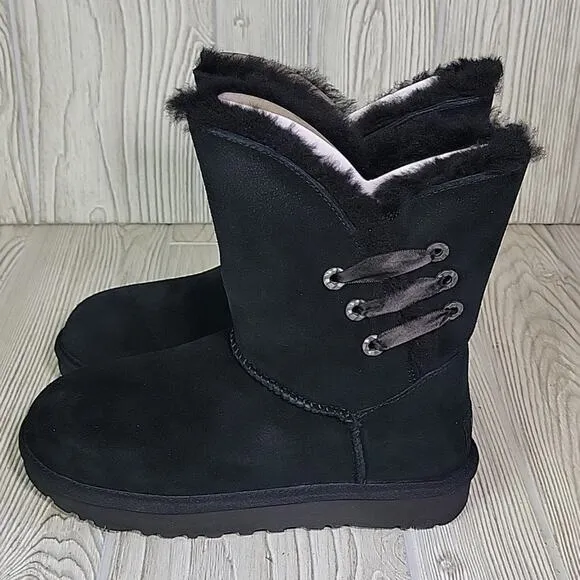 UGG Constantine Satin Ribbon Black Leather Boots Womens Size 6 NEW