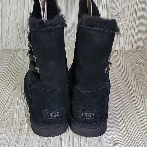UGG Constantine Satin Ribbon Black Leather Boots Womens Size 6 NEW