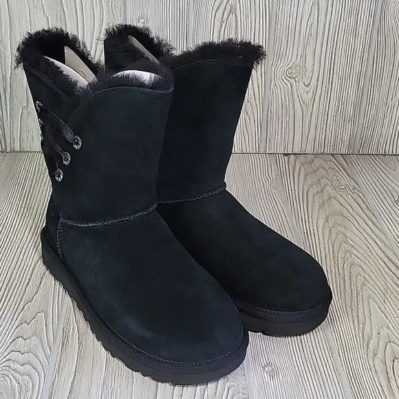 UGG Constantine Satin Ribbon Black Leather Boots Womens Size 6 NEW