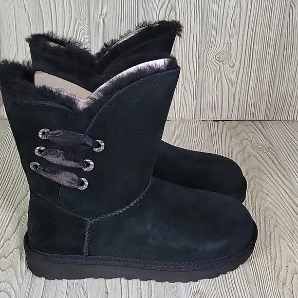 UGG Constantine Satin Ribbon Black Leather Boots Womens Size 6 NEW