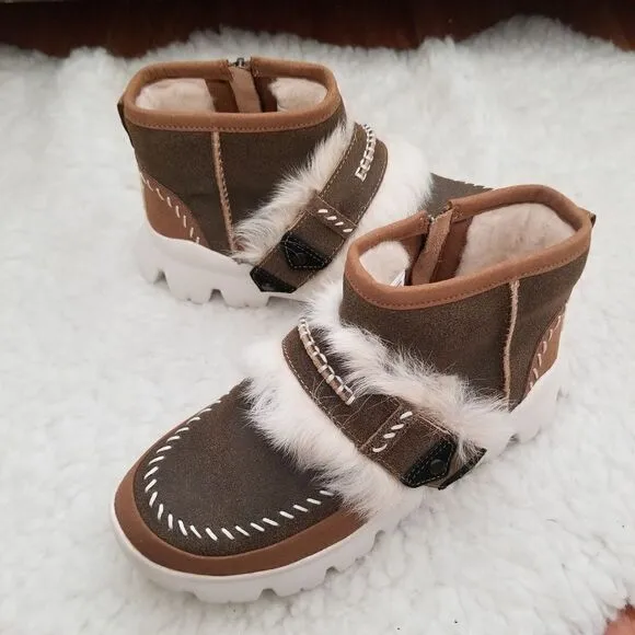 UGG Fluff Punk Women's Suede Shearling Ankle Boots in Chestnut Size 6 NEW