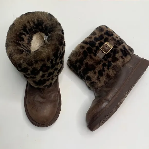 UGG Girls' Ellee Leather Leopard Sheepskin Lined Winter Boots S-091 Sz 5