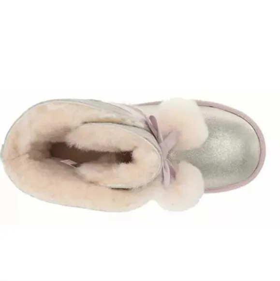 UGG Gita Cream Fur Pom Silver Metallic Leather/Lilac  Shearling Boots r Size 7