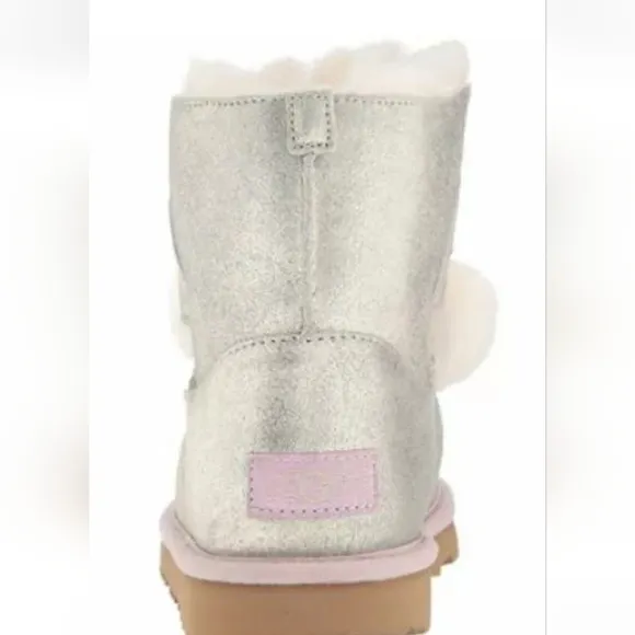 UGG Gita Cream Fur Pom Silver Metallic Leather/Lilac  Shearling Boots r Size 7