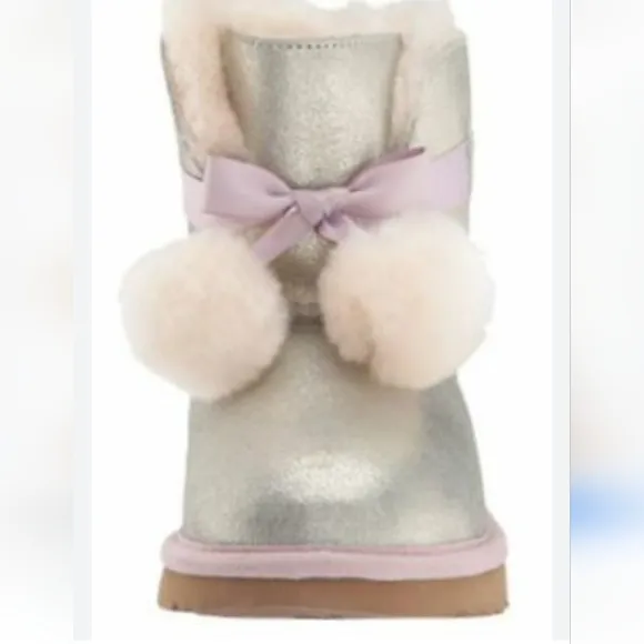 UGG Gita Cream Fur Pom Silver Metallic Leather/Lilac  Shearling Boots r Size 7