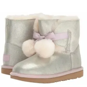 UGG Gita Cream Fur Pom Silver Metallic Leather/Lilac  Shearling Boots r Size 7