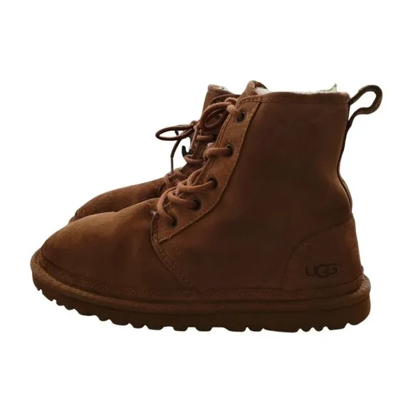 UGG Harkley Brown Boots Men's 8 Womens 10 Ankle Lace Up Suece Shearling Lined