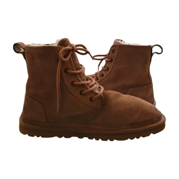 UGG Harkley Brown Boots Men's 8 Womens 10 Ankle Lace Up Suece Shearling Lined