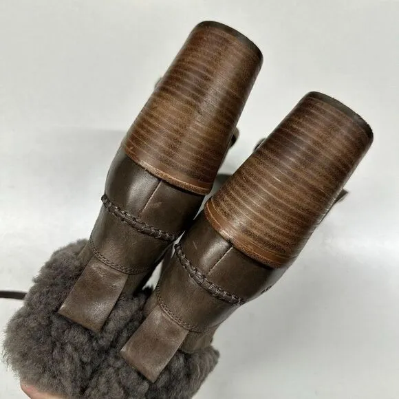 Ugg Jaxon Suede Ankle Booties Boots Womens Size 10 Brown Leather Shearling Cuff